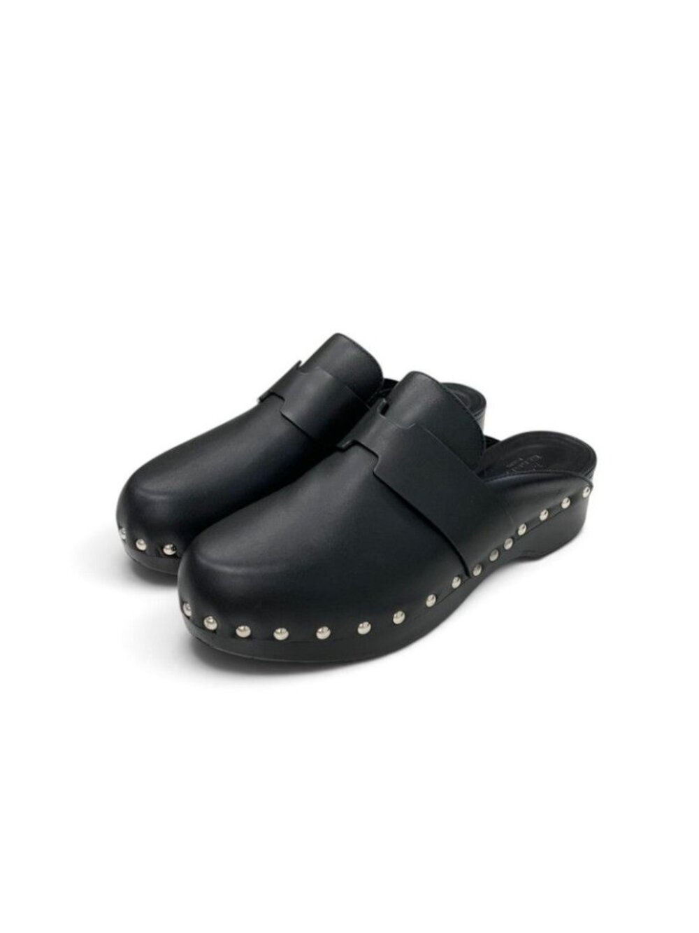 Hermes Calya Sandals Shoes Leather Wood Black Silver Studs Sabot Mules